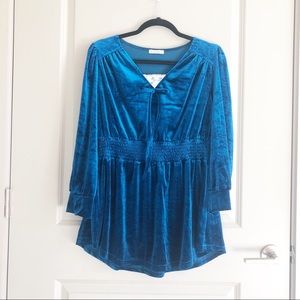 Ekouaer Blue Velvet Blouse Lace Size M